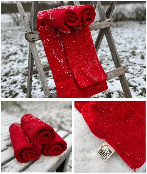 Julkampanj på röda handdukar och badlakan